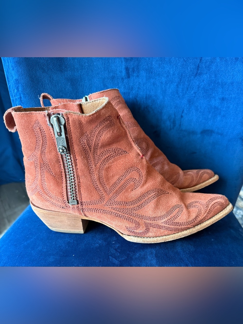 Frye Rust Suede Embroidered Western Ankle Booties